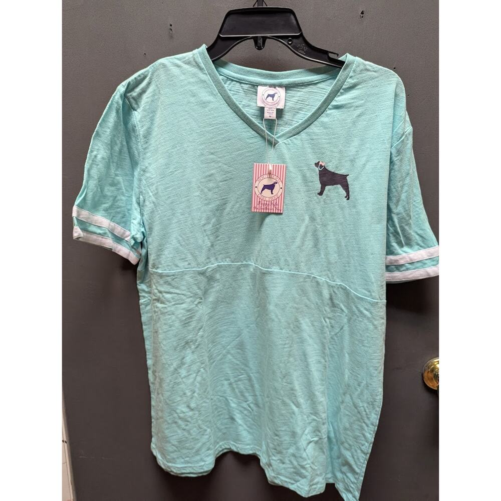 Southern Girl Prep large NEW SHORT  Sleeve Shirt Cotton TEAL BLUE WHITE STRIPE
